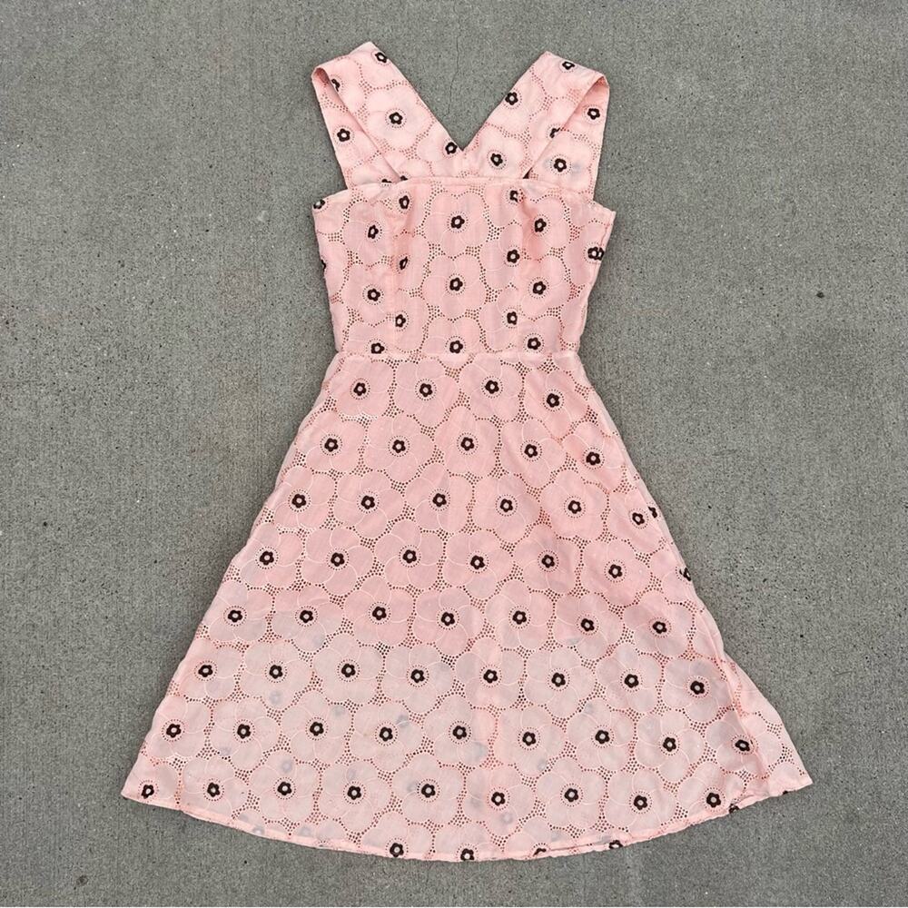 Vintage peach brown floral flower eyelet lace fit flare dress with V wide straps